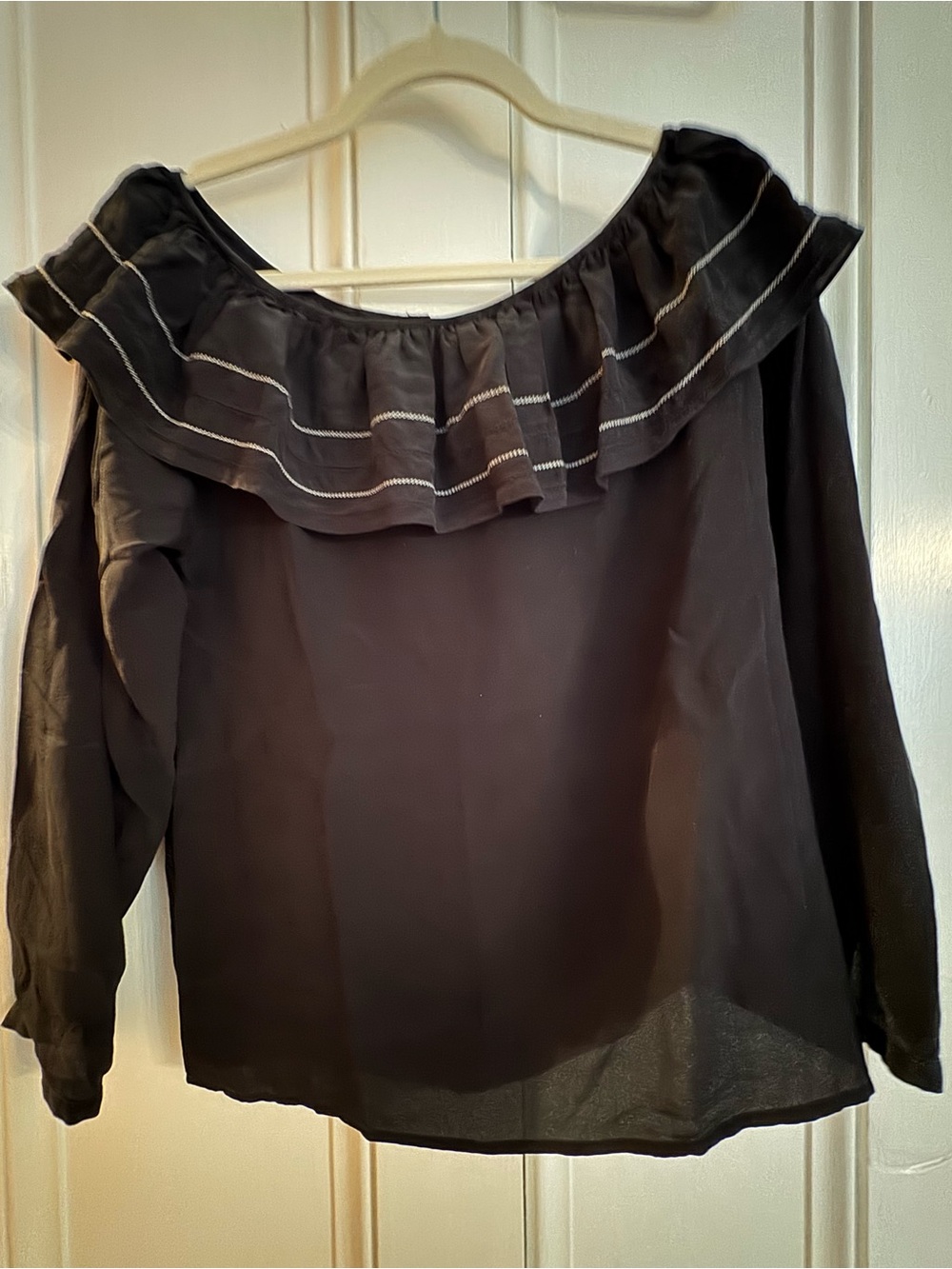 Club Monaco Women’s Off-Shoulder Ruffled Long-Sleeve Silk Top - Black